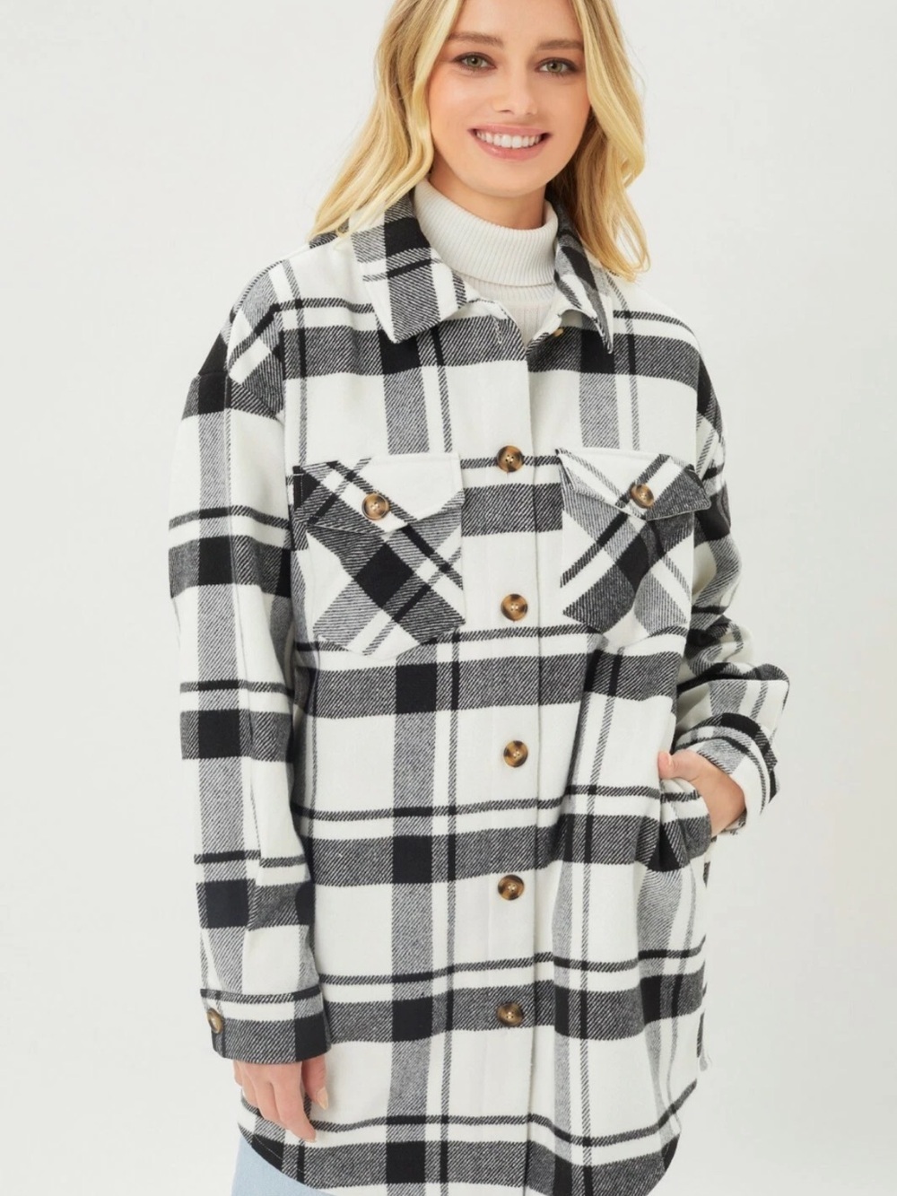 Love Tree Black & White Plaid Utility Shacket
